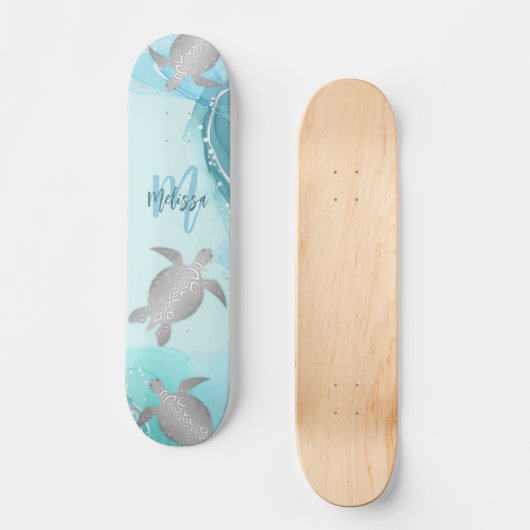 Silver Turtles Blue Marble Monogram Jouw naam Persoonlijk Skateboard (Voorkant)