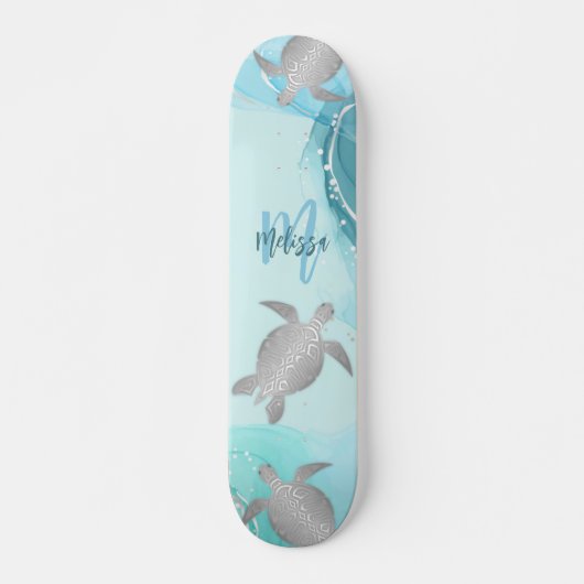 Silver Turtles Blue Marble Monogram Jouw naam Persoonlijk Skateboard (Voorkant)
