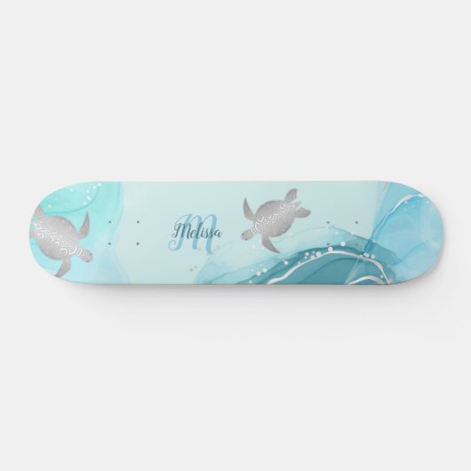 Silver Turtles Blue Marble Monogram Jouw naam Persoonlijk Skateboard (Horizontaal)