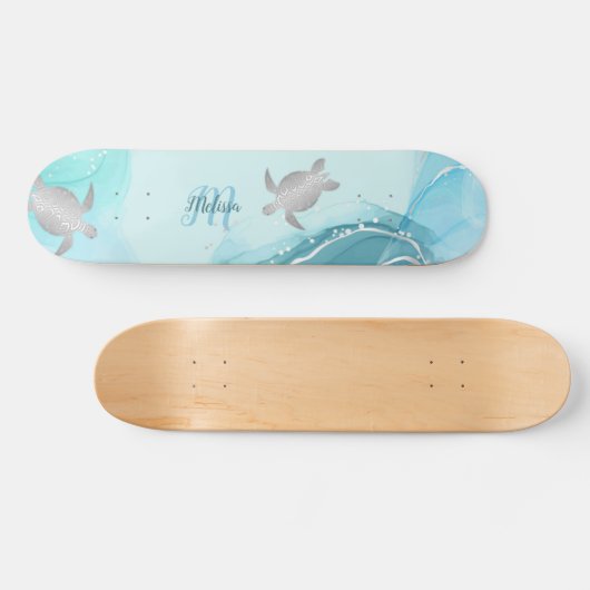 Silver Turtles Blue Marble Monogram Jouw naam Persoonlijk Skateboard (Horizontaal)