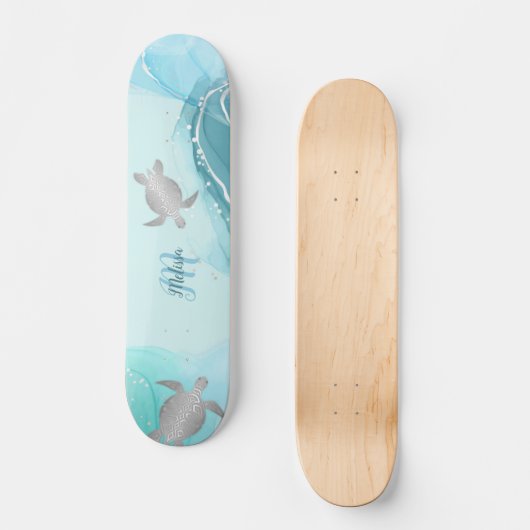 Silver Turtles Blue Marble Monogram Jouw naam Persoonlijk Skateboard (Voorkant)