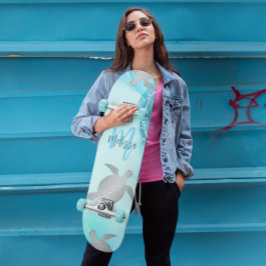 Silver Turtles Blue Marble Monogram Jouw naam Persoonlijk Skateboard