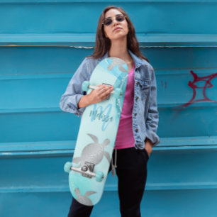 Silver Turtles Blue Marble Monogram Jouw naam Persoonlijk Skateboard
