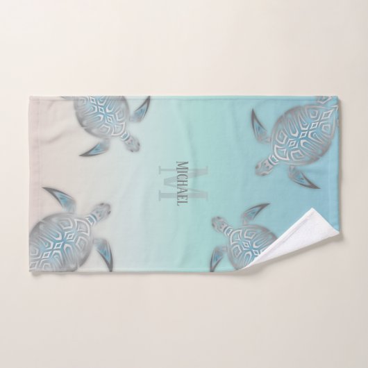 Silver Turtles Initialen Jouw naam Turquoise Beige Bad Handdoek (Handdoek)
