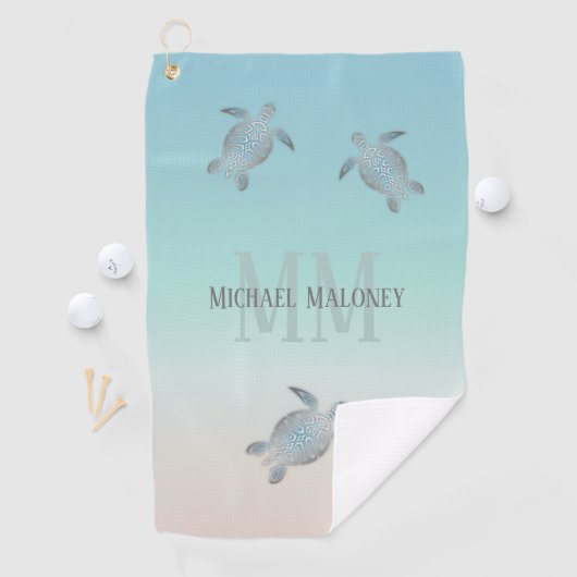 Silver Turtles Initialen Jouw naam Turquoise Beige Golfhanddoek (Insitu)