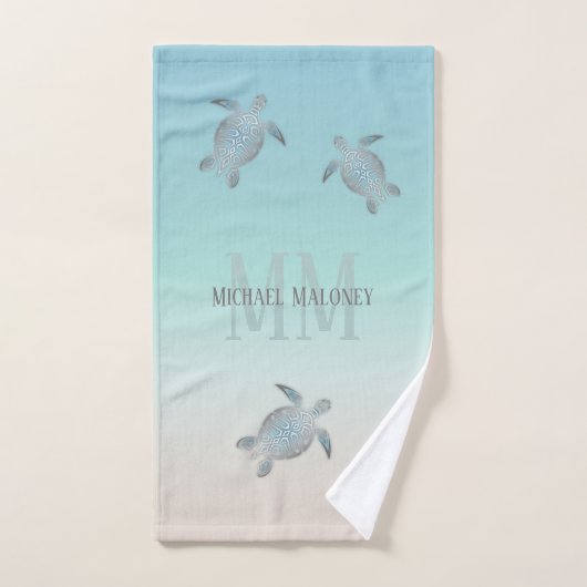 Silver Turtles Initialen Jouw naam Turquoise Beige Handdoek (Handdoek)