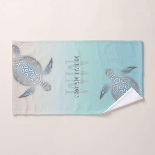 Silver Turtles Initialen Jouw naam Turquoise Beige Handdoek (Handdoek)