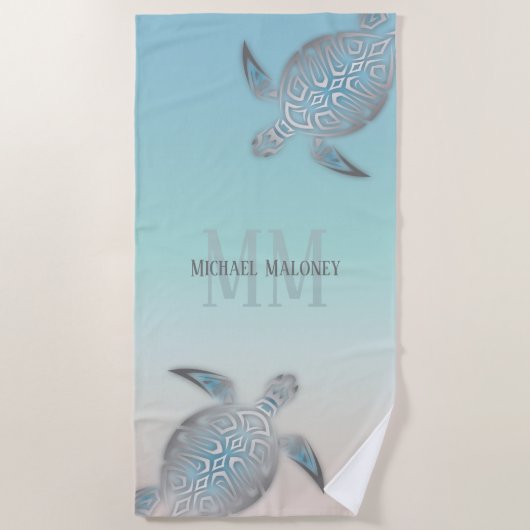 Silver Turtles Initialen Jouw naam Turquoise Beige Strandlaken (Voorkant)