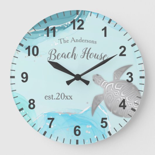 Silver Turtles Turquoise Ink Familienaam Coastal Grote Klok (Voorkant)