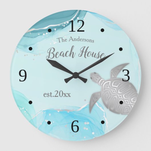 Silver Turtles Turquoise Ink Familienaam Coastal Grote Klok (Voorkant)