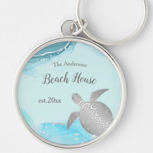 Silver Turtles Turquoise Ink Familienaam Coastal Sleutelhanger (Voorkant)
