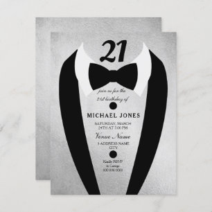 Silver Tuxedo Mannen 21st Birthday Party Invite Kaart