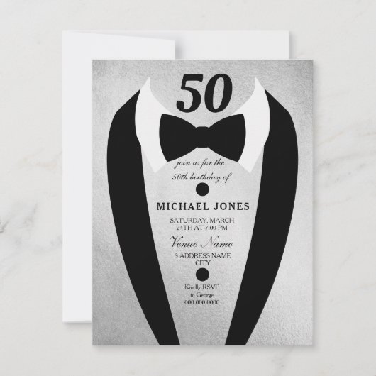Silver Tuxedo Mannen 50th Birthday Party Invitatio Kaart (Voorkant)