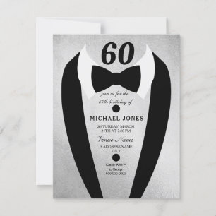Silver Tuxedo Mannen 60th Birthday Party Invite Kaart