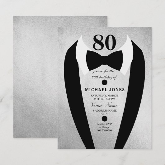 Silver Tuxedo Mannen 80th Birthday Party Invite Kaart (Voorkant / Achterkant)