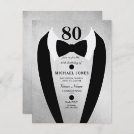 Silver Tuxedo Mannen 80th Birthday Party Invite Kaart