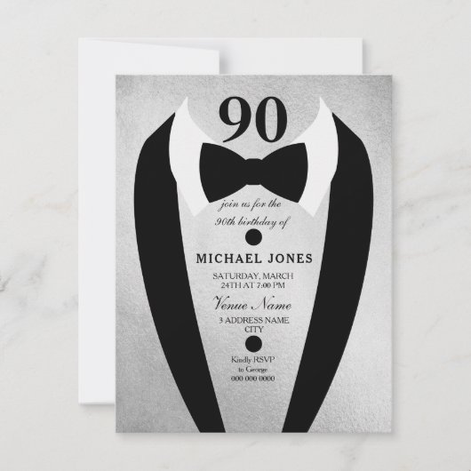 Silver Tuxedo Mannen 90th Birthday Party Invite Kaart (Voorkant)
