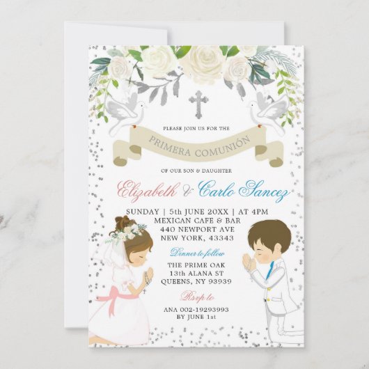 Silver Twin Boy Girl Kneel First Heilige Communie Kaart (Voorkant)