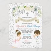 Silver Twin Boy Girl Kneel First Heilige Communie Kaart (Voorkant / Achterkant)