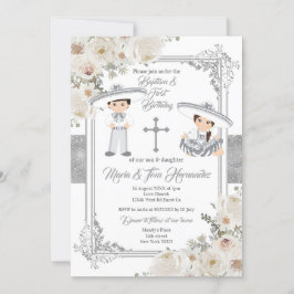 Silver Twin Mexican Baptism Birthday Floral Kaart