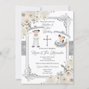 Silver Twin Mexican Baptism Birthday Floral Kaart