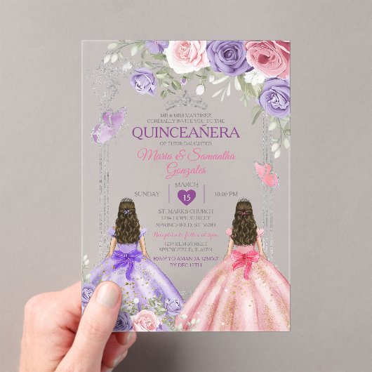 Silver Twin Princess Paarse en roze Quinceañera Acryl Uitnodigingen (Insitu (Draagbaar))