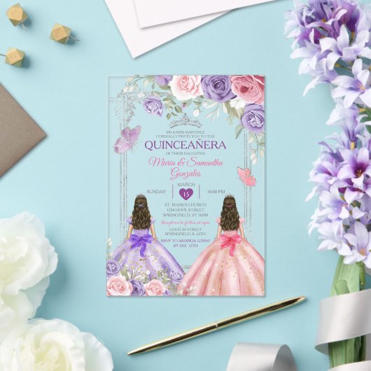 Silver Twin Princess Paarse en roze Quinceañera Acryl Uitnodigingen (Insitu (Huwelijk))