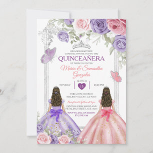 Silver Twin Princess Paarse en roze Quinceañera Kaart