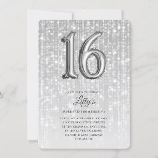 Silver Twinkle Lights Folie Balloon 16th Birthday Kaart