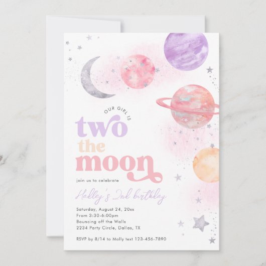 Silver Two De Maan Meisje's Verjaardag Uitnodiging (Voorkant)