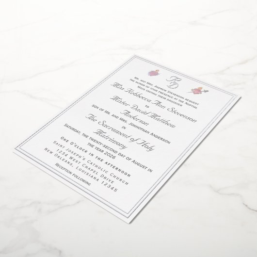 Silver Two Hearts Catholic Wedding Foil Invitation Folie Uitnodiging (Gedraaid)