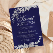 Silver typografie floral navy blue chic Sweet 16 Kaart