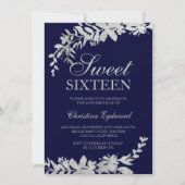 Silver typografie floral navy blue chic Sweet 16 Kaart (Voorkant)