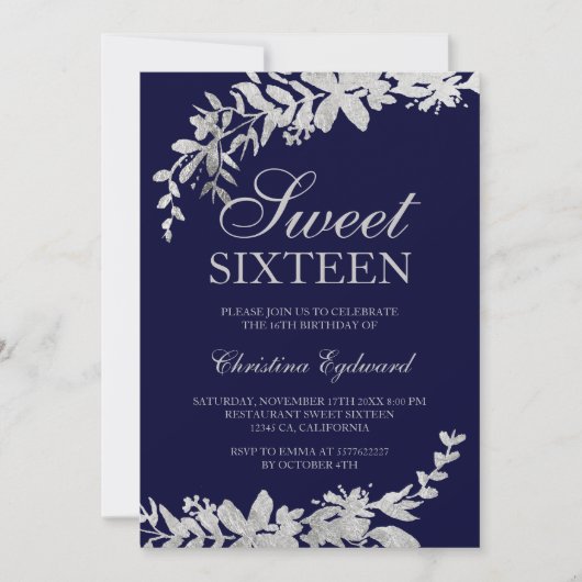 Silver typografie floral navy blue chic Sweet 16 Kaart (Voorkant)