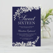 Silver typografie floral navy blue chic Sweet 16 Kaart (Staand voorkant)