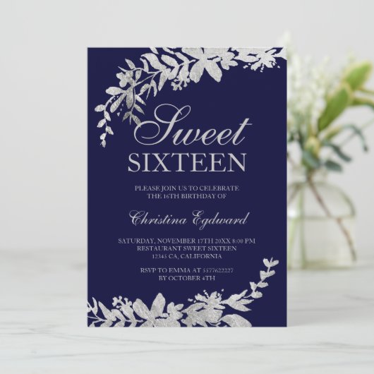Silver typografie floral navy blue chic Sweet 16 Kaart (Staand voorkant)