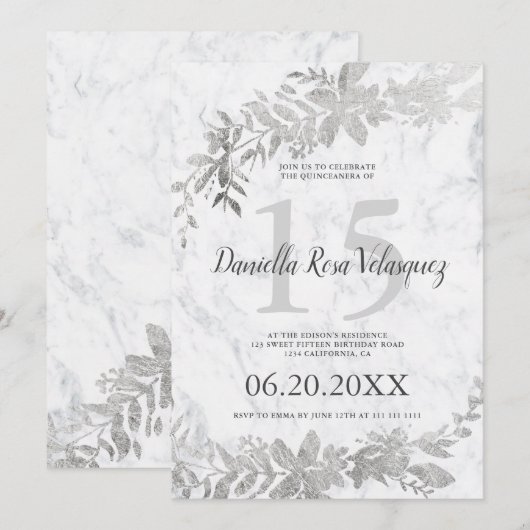 Silver typografie Floral white marble quinceanera Kaart (Voorkant / Achterkant)