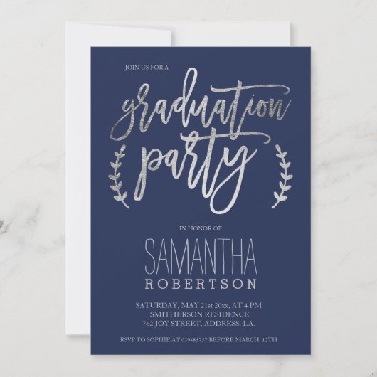 Silver typografie marvy blue graduparty kaart (Voorkant)