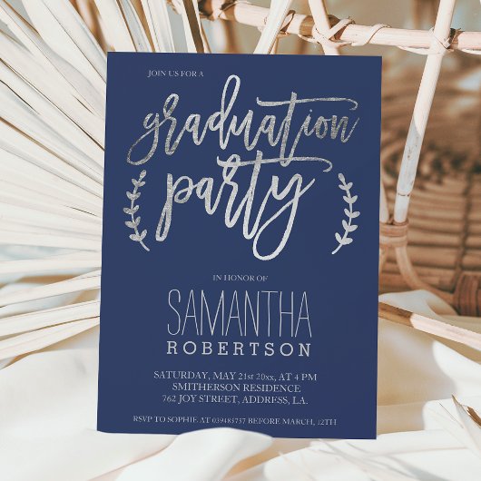 Silver typografie marvy blue graduparty kaart