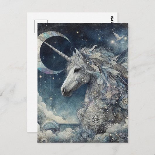 Silver Unicorn Collage With Moon Briefkaart (Voorkant / Achterkant)