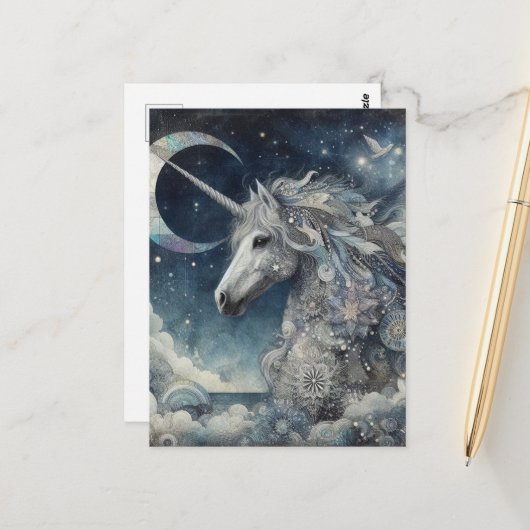 Silver Unicorn Collage With Moon Briefkaart (Voorkant / Achterkant in situ)