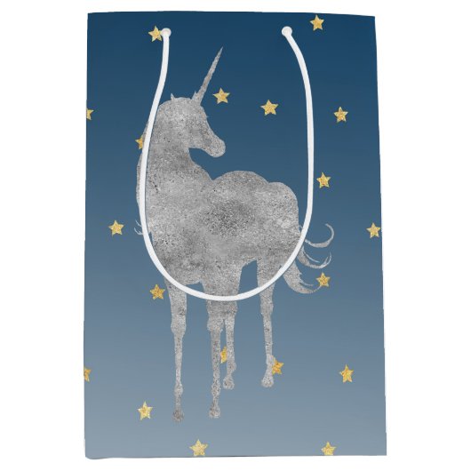 Silver Unicorn Gold Stars Medium Cadeauzakje (Voorkant)