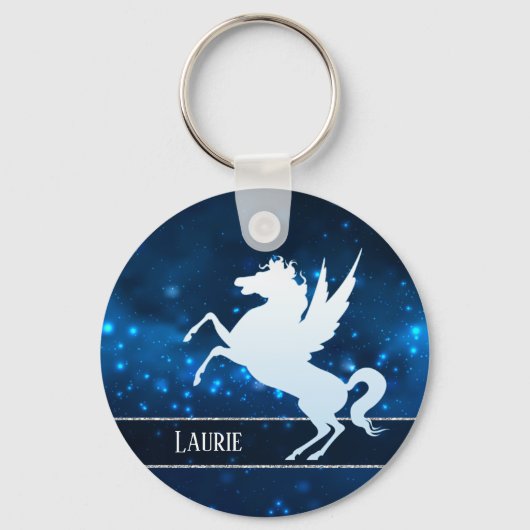 Silver Unicorn op Sparkly Blue Monogram Sleutelhanger (Voorkant)
