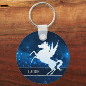 Silver Unicorn op Sparkly Blue Monogram Sleutelhanger (Voorkant)