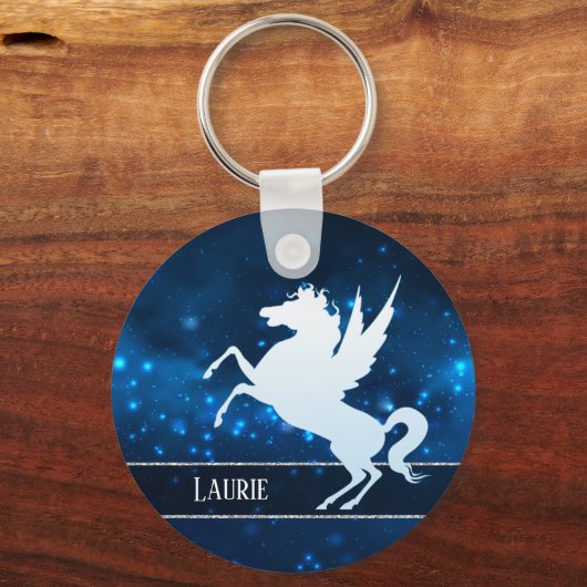 Silver Unicorn op Sparkly Blue Monogram Sleutelhanger (Voorkant)