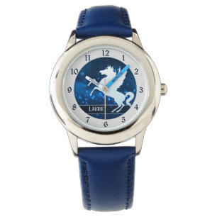 Silver Unicorn op Sparkly Blue Night Sky Horloge