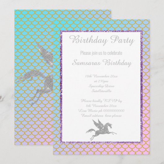 SILVER UNICORN PASTEL MERMAID PATTERN BIRTHDAY KAART (Voorkant / Achterkant)