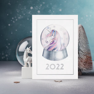 Silver Unicorn Snow Wereldbol Kerstmis Folie Feestdagenkaart