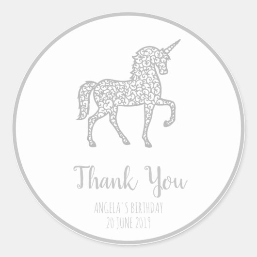 Silver Unicorn verjaardagsfeest Bedankt voor je ei Ronde Sticker (Voorkant)