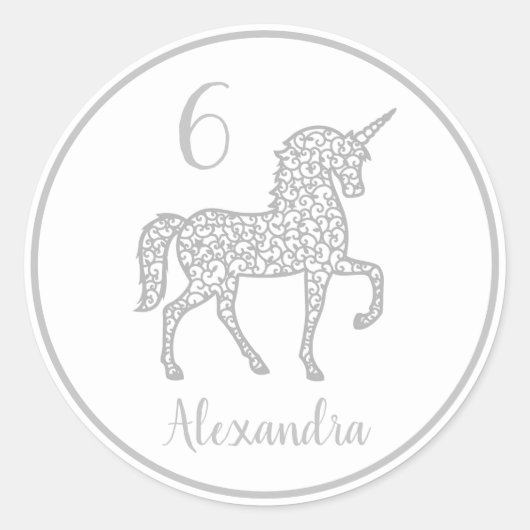 Silver Unicorn-verjaardagsfeestje, eigen naam Ronde Sticker (Voorkant)